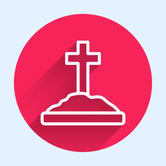 White line Grave with cross icon isolated with long shadow. Red circle button. Vector