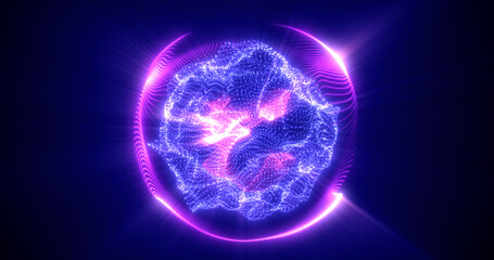 Abstract purple energy sphere from particles and waves of magical glowing on a dark background