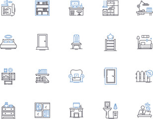 Furniture outline icons collection. Couch, Chair, Table, Desk, Bed, Bookcase, Dresser vector and illustration concept set. Ottoman, Sofa, Shelves linear signs