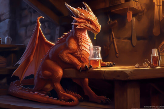 Fantastischer Gast: Niedlicher roter Drache genießt sein Bier in der Taverne