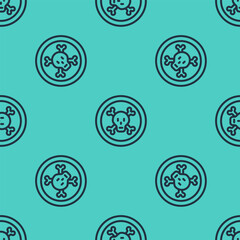 Black line Bones and skull as a sign of toxicity warning icon isolated seamless pattern on green background. Vector