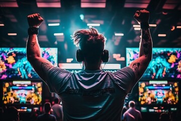 A professional e-sports gamer celebrates victory in an arcade, as seen from behind. AI