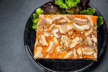 meat tripe mini beef meat Normandy cider  in jelly meal food snack on the table copy space food background rustic top view