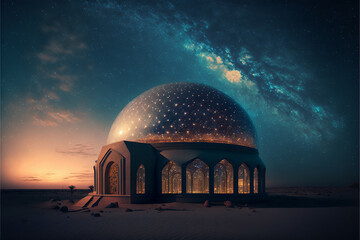 Fototapeta premium giant arabic glass habitation dome, night sky, Generative AI