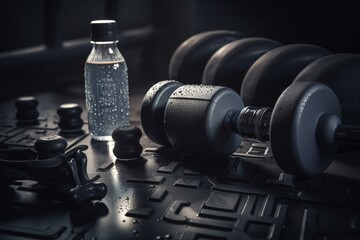 Obraz na płótnie Canvas Background with dumbbells and bottle for drink. Sport and fitness after work. Exercise in the gym. Workout. 3d illustration. Generative AI