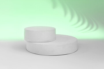 Podium for Cosmetics, Soap, Items Presentation. Abstract Minimal Geometric Sphere. Cylinder Two Forms Soft Shadow. Scene to Show Product, Object. Showcase Display Case. Palm Leaf, Green Color Ad Stand