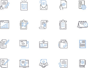 Text and copywriting outline icons collection. Texting, Copywriting, Editing, Proofreading, Storytelling, Publishing, Content vector and illustration concept set. Copyediting,Creative,Marketing linear