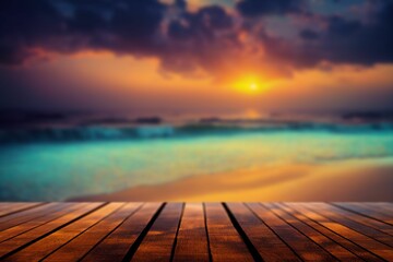 Fototapeta na wymiar Horizontal shot of a wooden terrace and a blurred beach with a cloudy sunset in the background
