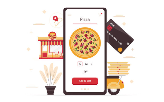 Food online order smartphone. Pizza delivery.Food delivery concept for banner, website design or landing web page.