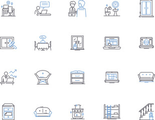 Furniture outline icons collection. Couch, Chair, Table, Desk, Bed, Bookcase, Dresser vector and illustration concept set. Ottoman, Sofa, Shelves linear signs