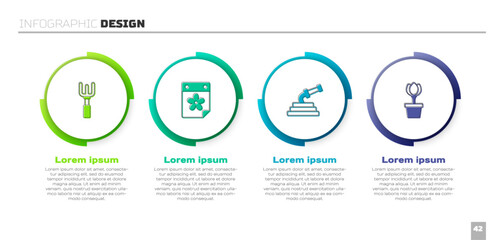 Set Garden rake, Calendar with flower, hose and Flower tulip in pot. Business infographic template. Vector