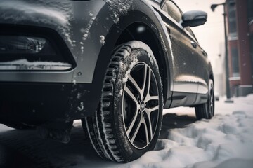 Fototapeta na wymiar Car wheels stuck in deep snow, after a heavy snowfall, close-up.Snow cyclone. Generative AI
