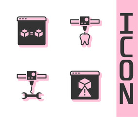 Set 3D printer, perfect copy, wrench spanner and tooth icon. Vector
