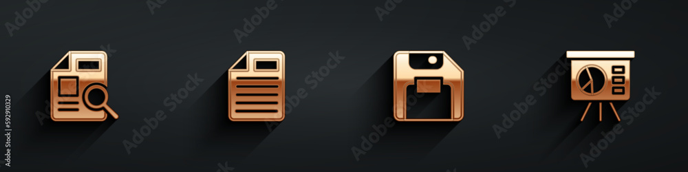 Poster set document with graph chart, file document, floppy disk and board icon with long shadow. vector