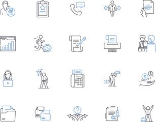 Office supplies outline icons collection. Supplies, Stationery, Pens, Paper, Printer, Desk, Calculator vector and illustration concept set. Chair, Pencils, Stapler linear signs