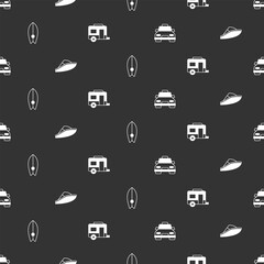 Set Taxi car, Speedboat, Surfboard and Rv Camping trailer on seamless pattern. Vector