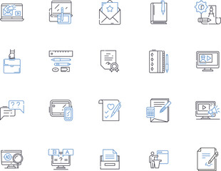 Copywriting outline icons collection. Copywriting, Content, Writing, Creative, Message, Services, Texts vector and illustration concept set. Ads, Advertising, Copy linear signs