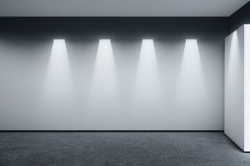 White wall with spotlights in an empty room. Mock-up, 3D Rendering