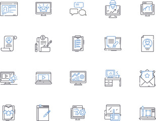 Content marketing outline icons collection. Content, Marketing, Strategy, Ads, Content-Creation, Generating, Distribution vector and illustration concept set. Influencers, Repurposing, Branding linear