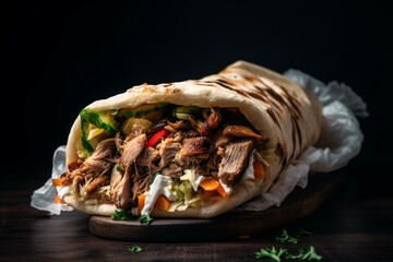 Doner kebab, Shawarma in grilled pita bread with vegetables and meat. Gray background. Top view. Generative AI