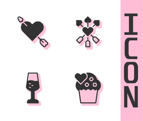 Set Wedding cake, Amour with heart and arrow, Glass of champagne and icon. Vector
