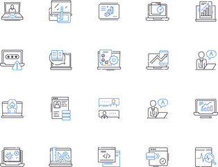 Laptop notebook outline icons collection. laptop, notebook, computer, portable, lightweight, slim, performance vector and illustration concept set. processor, RAM, storage linear signs