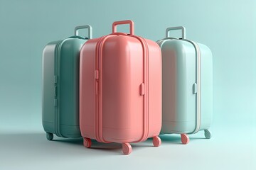 Plastic travel suit case bag colored 3d render set on isolated background