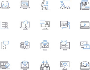 Online business outline icons collection. Ecommerce, Storefront, Digital, Merchandise, Marketplace, Advertising, Services vector and illustration concept set. Platforms, Retailing, Payment linear