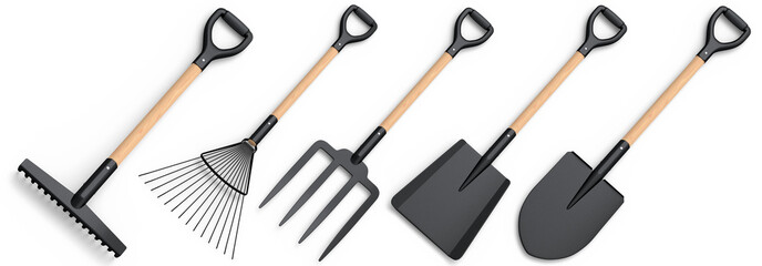 Set of garden tools and supplies for gardener and flower pots in garden