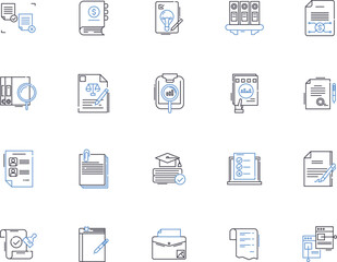 Reports outline icons collection. Reports, Document, Publication, Record, Analysis, Summary, Logs vector and illustration concept set. Findings, Investigations, Surveys linear signs