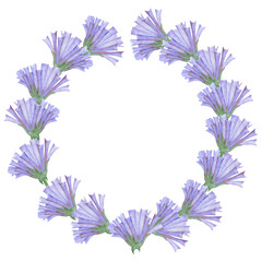 Fototapeta na wymiar Cute Hand Drawn Flower Wreath with Blue Flowers. Elegant Floral Circle Frame with Lavender Flowers and Green Leaves on White Background. Decorative Elements for Design.