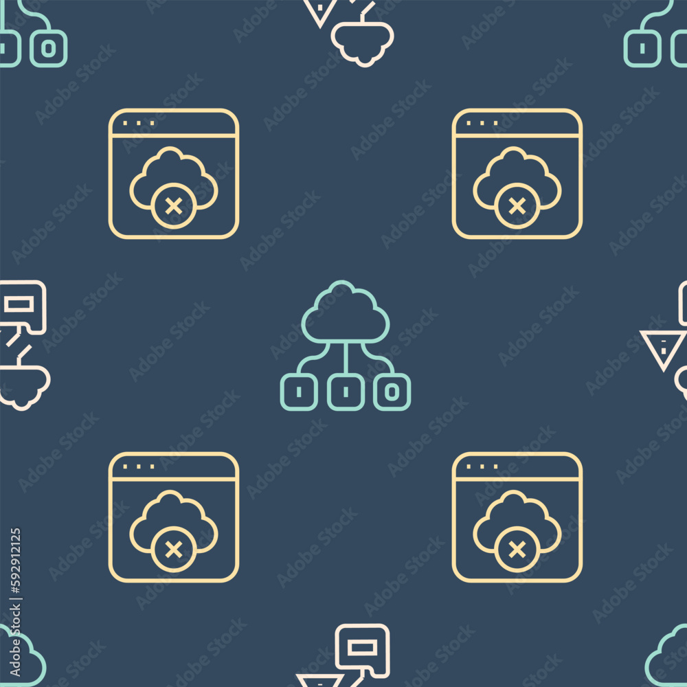 Poster set line cloud technology data transfer, failed access cloud storage and on seamless pattern. vector