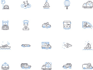 Transportation outline icons collection. Train, Bus, Plane, Taxi, Ferry, Boat, Automobile vector and illustration concept set. Motorcycle, Scooter, Bicycle linear signs