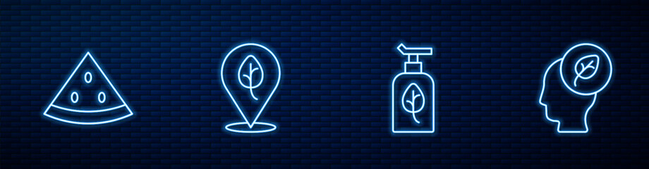 Set line Organic cosmetic, Watermelon, Vegan food diet and Human head with leaf inside. Glowing neon icon on brick wall. Vector