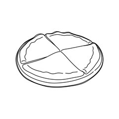 Cheese pizza on a plate cut into four pieces. Hand drawn vector illustration.