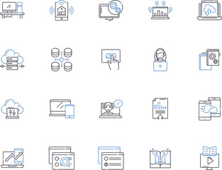 Digital outline icons collection. Technology, Computing, Electronics, Network, Digitalization, Innovation, Online vector and illustration concept set. Social, Media, Stream linear signs