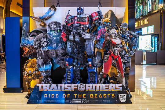 Bangkok, Thailand - April 12, 2023: A beautiful standee of a movie called Transformers: Rise of the Beasts Display at the cinema to promote the movie