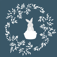 Happy Easter banner. Trendy Easter design with typography, hand drawn strokes and dots, eggs and bunny. Modern minimalist style. poster, greeting card