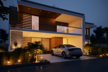 A modern house with cars outside