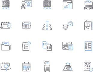 Time and date outline icons collection. Time, Date, Calendar, Clock, Hour, Minute, Second vector and illustration concept set. Day, Month, Year linear signs