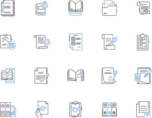 Publishing outline icons collection. Printing, Distribution, Authoring, Editing, Subscribing, Merchandising, Marketing vector and illustration concept set. Promoting, Submitting, Illustrating linear