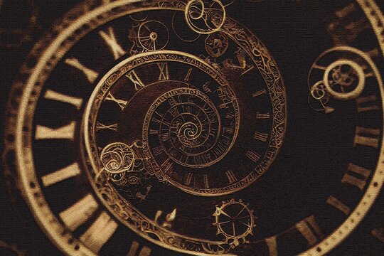 Infinity time spiral, antique old clock abstract fractal spiral 3d illustration.
