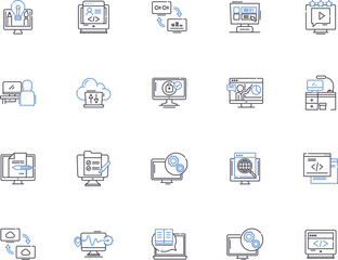 Computing outline icons collection. Computing, Technology, Hardware, Software, AI, Coding, Robotics vector and illustration concept set. Networks, Databases, Cloud linear signs