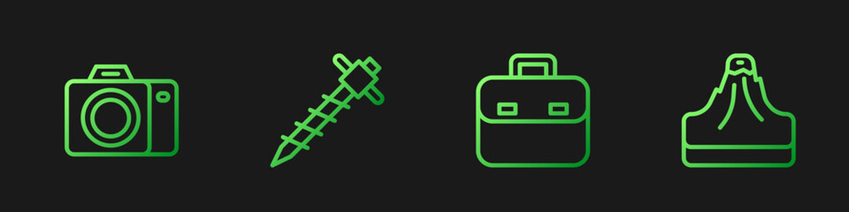 Set line Briefcase, Photo camera, Construction jackhammer and Volcano. Gradient color icons. Vector