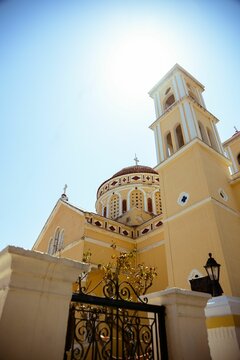 Low-angle shot of a church in Kalyves, Chania, Crete, Greece