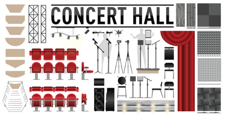 Multipurpose and Concert Hall Design Elements and Furniture views for Architectural Drawings