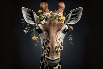 Creative Giraffe Portrait with Floral and Foliage Accents. Generative AI