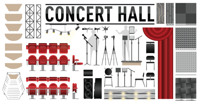 Multipurpose and Concert Hall Design Elements and Furniture views for Architectural Drawings