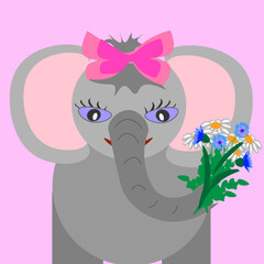  Funny elephant with a pink bow on her head and a bouquet of wild flowers in her trunk.