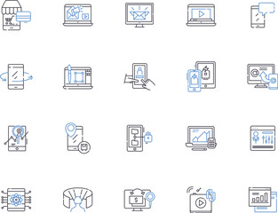 Gadjets outline icons collection. Gadgets, Technology, Electronics, Phones, Devices, Computers, Laptops vector and illustration concept set. Cameras, Wearables, Speakers linear signs